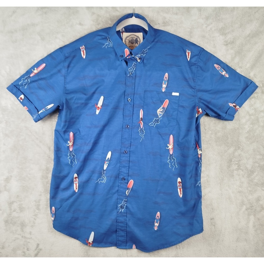 Rsvlts Americana Blue Surf‎ Board Button Up Shirt Mens XL Kunuflex Short Sleeve